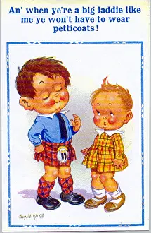 Boasting: Comic postcard, Scottish boy in a kilt