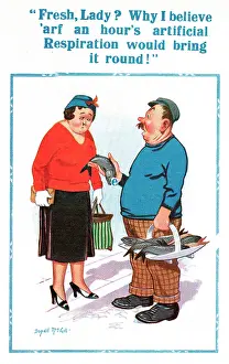 Respiration: Comic postcard, selling fresh fish