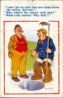 Odour: Comic postcard, Sewage worker and boss in the street