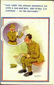 Disciplinary: Comic postcard, Soldier confined to barracks, WW2