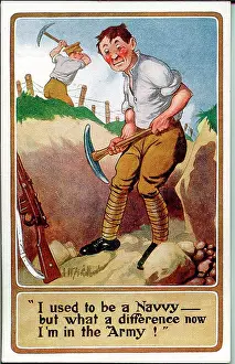 Navvy: Comic postcard, Soldier digging a trench, WW1
