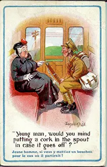 The Donald Mcgill Archive Collection: Comic postcard, Soldier and elderly woman on train, WW1