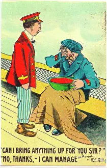 Seasick: Comic postcard, Steward and sick man on board ship