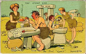 Cashier: Comic postcard, Stone Age Lyon's Cafe