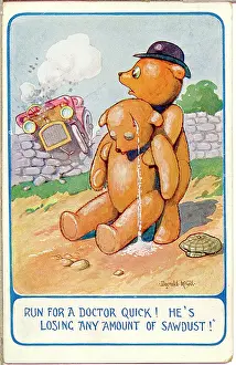 Sawdust: Comic postcard, Teddy bear in car accident