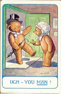 Disgust: Comic postcard, Teddy bear comes home drunk