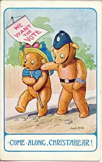 Wspu: Comic postcard, Teddy bear suffragette and policeman