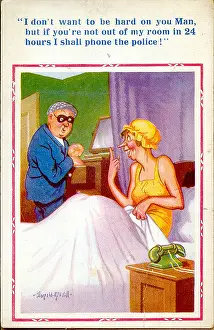 Spinster: Comic postcard, Thief in woman's bedroom