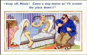 Spinster: Comic postcard, Thief in woman's bedroom