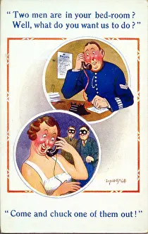 Spinster: Comic postcard, Two thieves in woman's bedroom