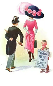 Brushed: Comic postcard - Train Held up - in broad daylight!