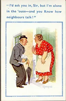 Unattractive: Comic postcard, Vicar calls at woman's house