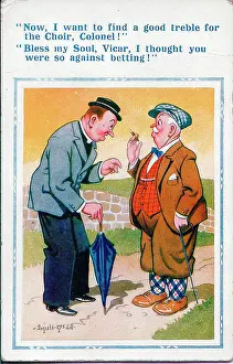 Misunderstanding: Comic postcard, Vicar chats with Colonel