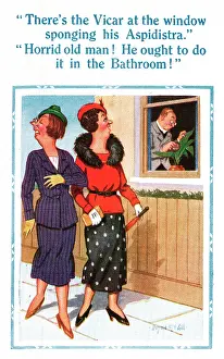 Malapropism: Comic postcard, the vicar sponges his aspidistra