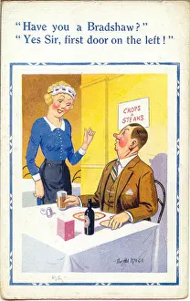 Misunderstanding: Comic postcard, Waitress answering man's question