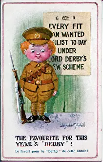 Wheres: Comic postcard, wartime recruitment, Derby Scheme, WW1