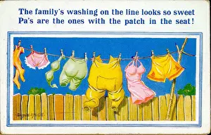 Underskirt: Comic postcard, Washing line of clothes in a garden