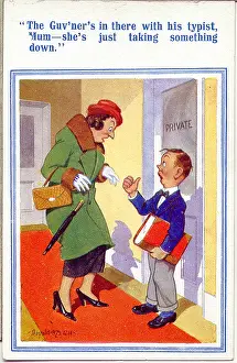 Unattractive: Comic postcard, Wife visits husband at his office