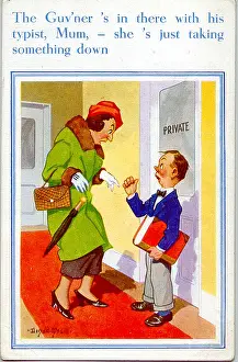 Unattractive: Comic postcard, Wife visits husband at his office