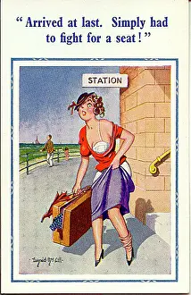 Dishevelled: Comic postcard, Woman arrives at the seaside by train
