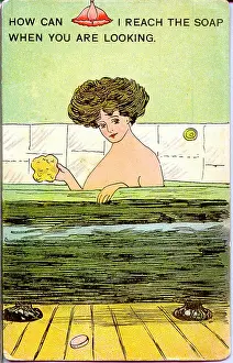 Voyeurism: Comic postcard, Woman in the bath
