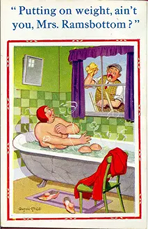 Ramsbottom: Comic postcard, Woman in bath and window cleaner