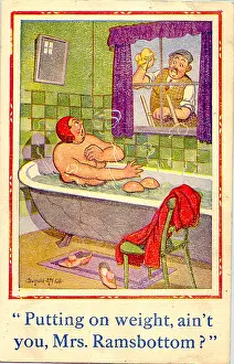 Ramsbottom: Comic postcard, Woman in bath and window cleaner