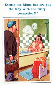 Frump: Comic postcard, Woman in bathroom with plumber