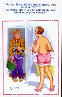 Wipe: Comic postcard, Woman in bathroom with plumber