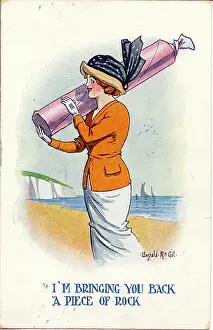 Comic postcard, Woman on the beach with stick of rock