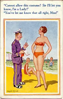 Decency: Comic postcard, Woman in bikini and beach inspector
