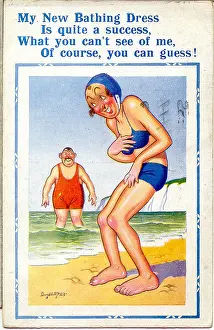 Unattractive: Comic postcard, Woman in blue bikini at the seaside