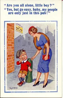 Tuns: Comic postcard, Woman and boy outside a pub
