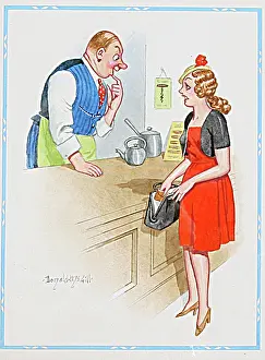 Corkscrew: Comic postcard, Woman at cafe counter