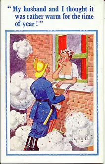 Flirty: Comic postcard, Woman chats to fireman at window