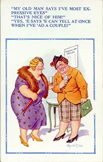 Confiding: Comic postcard, Woman chats about her husband
