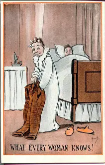 Curlers: Comic postcard, Woman checking man's trouser pockets