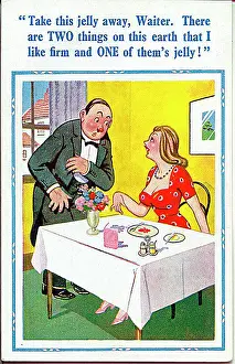 Complains: Comic postcard, Woman complains to waiter