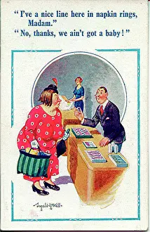 Nappies: Comic postcard, Woman customer and shop assistant