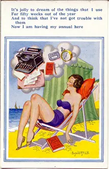 Shorthand: Comic postcard, Woman in deckchair at the seaside