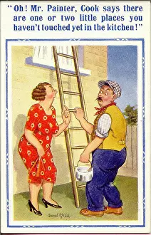 Unattractive: Comic postcard, Woman and decorator
