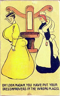 Improving: Comic postcard, Woman with dress improvers