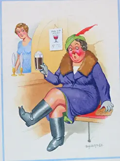 Frump: Comic postcard, Woman drinking in a pub