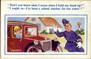 Belisha: Comic postcard, Woman driver and policeman