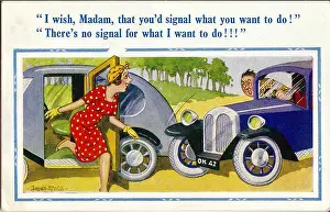 Urge: Comic postcard, Woman driver stops man's car