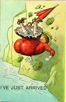 Undignified: Comic postcard, Woman falling off a cliff at the seaside