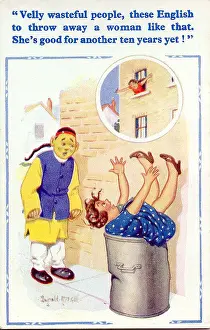 Misunderstanding: Comic postcard, Woman falls into dustbin