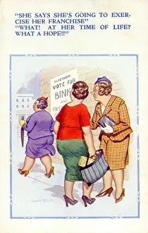 Misunderstanding: Comic postcard, Woman going to vote