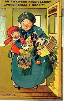 Predicament: Comic postcard, Woman with her hands full on a train
