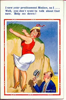 Predicament: Comic postcard, Woman hanging off a cliff